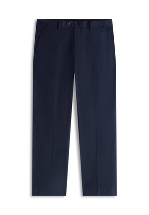 Pantalon droit bleu marine en tissu lisse, doté de deux poches avant, d'une fermeture à bouton et d'un devant plat.