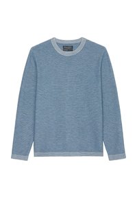Blau gestreifter Pullover mit langen Ärmeln aus weichem Strickstoff. Verfügt über einen runden Halsausschnitt sowie kontrastierende Rippbündchen und -saum.