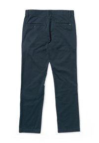 Dark blue pants made of cotton blend fabric. Features a straight-leg design, back pockets with button closures, and a small logo detail.
