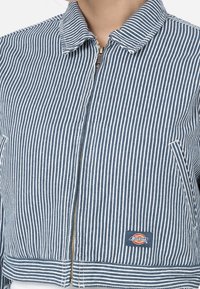 Randig denimjacka med krage, dragkedja och fickor. Färgpaletten består av blå och vita ränder, med en märkespatch.