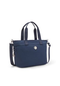 Borsa a tracolla blu navy realizzata in nylon, con doppio manico superiore, tracolla regolabile e badge logo argentato. Presenta un charm decorativo.