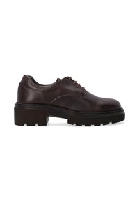 Brown leather lace-up shoes with a round toe, designed with a chunky black rubber sole and minimal stitching details.