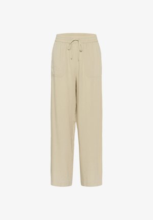 Pantaloni in lino beige con vita regolabile, due tasche laterali e un design a gamba dritta e ampia. Tessuto liscio con dettagli minimi.