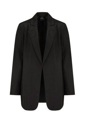 Blazer nero con un design strutturato, collo a sapore e apertura frontale. Tessuto liscio con una leggera lucentezza e senza chiusure visibili.