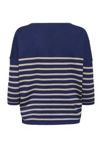 Marineblauer Pullover mit breiten beigen horizontalen Streifen, dreiviertellangen Ärmeln und einer lockeren, entspannten Passform. Weiche Stricktextur.