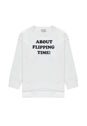 Felpa bianca a maniche lunghe con scritta nera "ABOUT FLIPPING TIME!" centrata sul davanti, con scollo rotondo e polsini a costine.