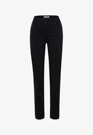 Zwarte broek met een slim fit ontwerp, elastische tailleband, twee voorzakken en een zachte textuur. Geschikt voor casual of semi-formele gelegenheden.