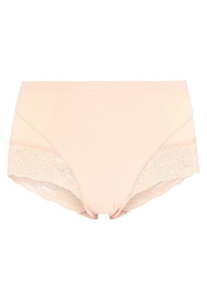 Beige hög midja trosor i mjukt tyg med blommig spetskant längs sidorna, med mjuka elastiska band för komfort.