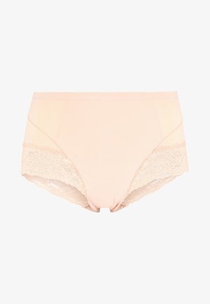 Beige højtaljede trusser lavet af glat stof med en blomster-broderet kant langs siderne, med bløde elastiske bånd for komfort.