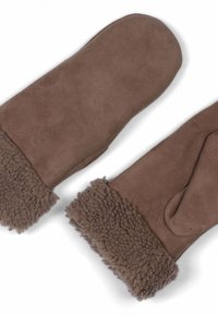 Guanti marroni in morbido suede con polsino in shearling peloso. Texture liscia e forma arrotondata, adatti per il freddo.