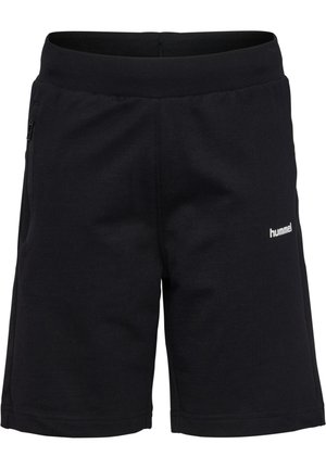 Sorte knælange sportsshorts med elastisk taljebånd, sidelomme med lynlås og lille hvid "hummel"-logo på højre lår.