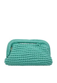 Turquoise gevlochten clutchtas met een gestructureerd ontwerp, voorzien van een afgeronde bovenste handgreep en een textuur oppervlak. Minimalistische metalen hardware accenten.