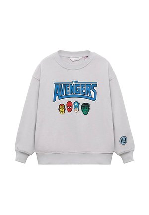 Felpa grigia con logo "The Avengers" e design dei volti di quattro personaggi: Iron Man, Spider-Man, Captain America e Hulk. Polsini a costine.