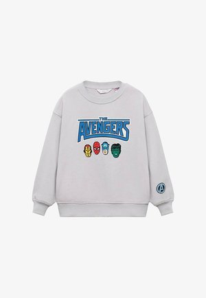 Felpa grigia con logo "The Avengers" e design dei volti di quattro personaggi: Iron Man, Spider-Man, Captain America e Hulk. Polsini a costine.