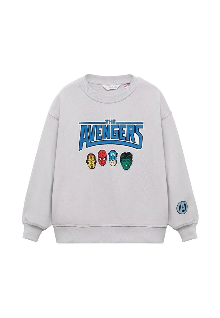 Šedá mikina s logom "The Avengers" a hlavami štyroch postáv: Iron Man, Spider-Man, Captain America a Hulk. Rebrované manžety.
