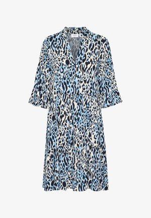 Een jurk met luipaardprint met lichtblauwe en zwarte patronen op een crèmekleurige achtergrond. Uitlopende mouwen en een gelaagde zoom. Lichte stof.