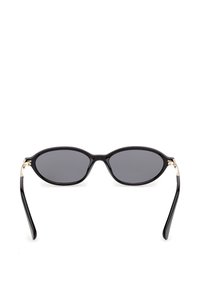 Lunettes de soleil ovales noires avec des verres teintés foncés et des montures brillantes, présentées de face sur un fond blanc.