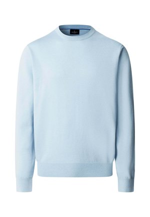 Maglione azzurro chiaro a maniche lunghe con scollo tondo e polsini e orlo a coste, mostrato su uno sfondo bianco.
