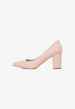 Décolleté da donna in pelle scamosciata rosa chiaro con punta a punta e tacco a blocco, mostrata di profilo su sfondo bianco.