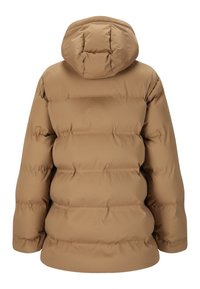 Brun pufferjakke med polstret design, overdimensioneret hætte, elastiske manchetter og en glat, blank overflade. Bagudblik, ingen synlige lommer.