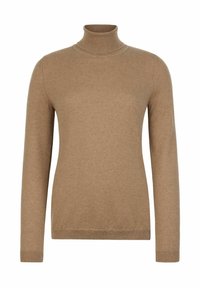 Beżowy sweter z golfem wykonany z miękkiej, teksturowanej tkaniny. Długie rękawy i dopasowany krój z prążkowanymi detalami przy kołnierzu i hemach.