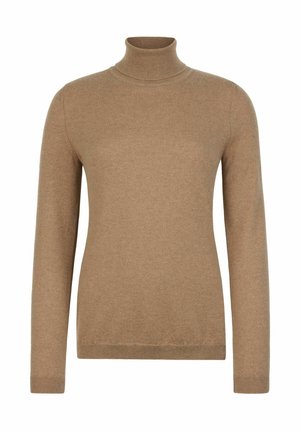 Beiger Rollkragenpullover aus weichem, strukturiertem Stoff. Lange Ärmel und eine taillierte Silhouette mit gerippten Details am Kragen und an den Säumen.