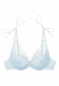 Light blue lingerie with scalloped edges, floral embroidery, and adjustable ribbon ties. Soft fabric with underwire support.