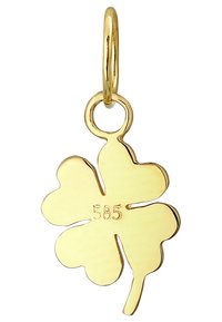 Guld firkløver charms med poleret finish, udstyret med en løkke-connector. Præget med "585" for guldrenhed.
