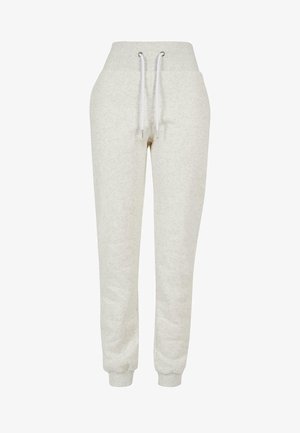 Jasnoszare spodnie dresowe wykonane z miękkiego materiału, z elastycznym pasem i regulowanym sznurkiem, z dopasowanymi mankietami na kostkach.