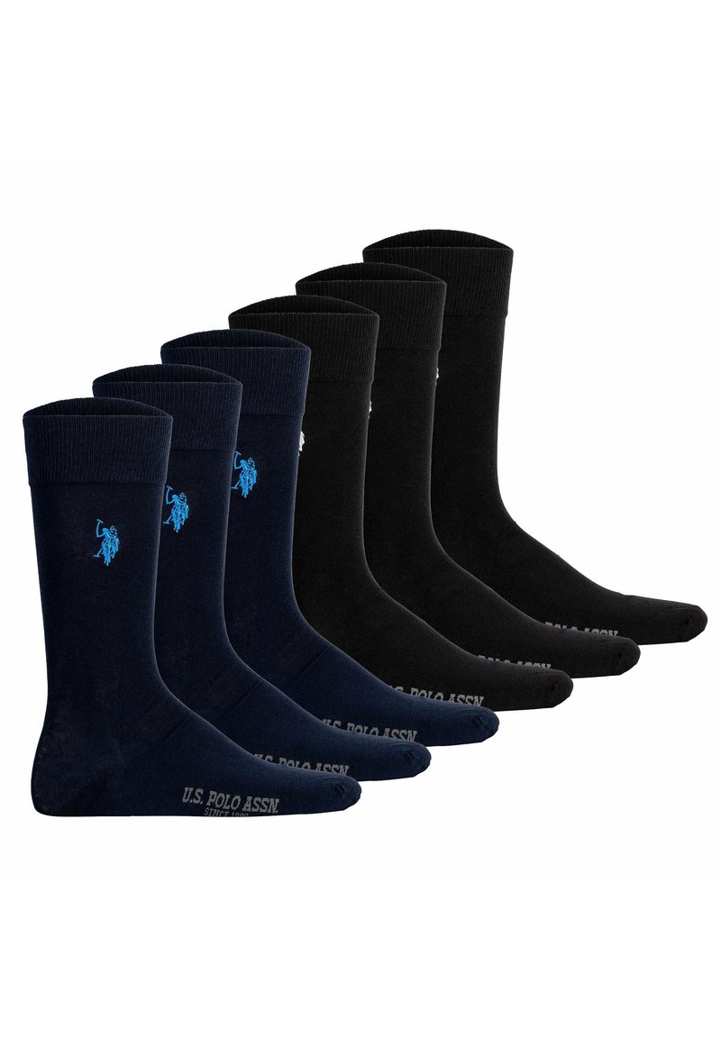 Svart och marinblå bomullssockor i en förpackning med sex, med ribbad topp och en liten logotypdesign nära vristen. Slät textur, ankel längd.
