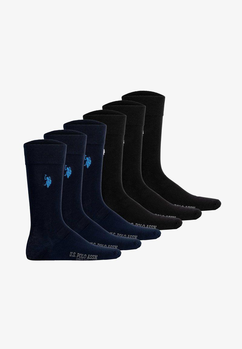 Schwarze und marineblaue Baumwollsocken im Sechserpack, mit gerippten Bündchen und einem kleinen Logo-Design in der Nähe des Knöchels. Glatte Textur, knöchelhöhe.