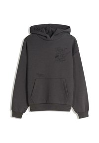 Hoodie gris en tissu doux, doté d'une grande poche avant, de manches longues et d'un texte imprimé à main sur le devant.