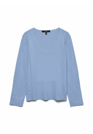 Gaiši zils džemperis ar garām piedurknēm un V veida izgriezumu, izgatavots no mīksta materiāla. Piedurkņu gali un apakšmala ir riboti, ar vaļīgu piegriezumu un minimālu tekstūru.