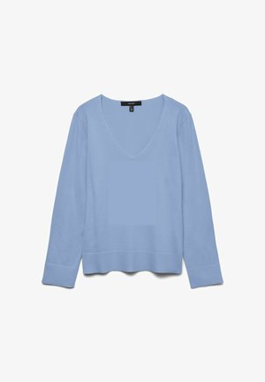 Suéter azul claro de manga larga con cuello en V, hecho de material suave. Presenta puños y dobladillo acanalados, con un ajuste relajado y textura mínima.