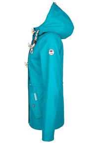Turkusowa wodoodporna kurtka z kapturem, z zapięciem na troczki i bocznymi kieszeniami. Posiada okrągłą naszywkę z logo na lewej rękawie. Gładka tekstura.