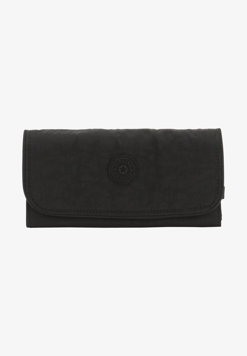 Sort nylon pung med en struktureret overflade, der har en fold-over klap og et cirkulært logo акцент på forsiden. Enkel, rektangulær design.