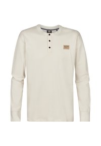 Langarmige crèmekleurige henley-shirt, gemaakt van katoen, met een vijfknops placket, geribde mouwen en een klein merkembleem op de borst.