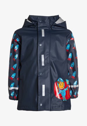 Marineblauer Regenjacke mit Raketendesign auf den Ärmeln, grauen Akzenten und reflektierenden Details. Verfügt über eine Kapuze und Druckknopfverschlüsse.