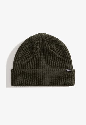 Zielona dzianinowa czapka z mankietem, charakteryzująca się ryżowym teksturem i małą czarną metką z logo Vans po boku.