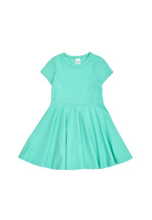 Robe turquoise à manches courtes, longueur genou, avec un corsage ajusté et une jupe évasée, présentée sur fond blanc.