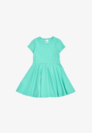 Kurzärmliges, knielanges türkisfarbenes Kleid mit engem Oberteil und ausgestelltem Rock, dargestellt auf weißem Hintergrund.