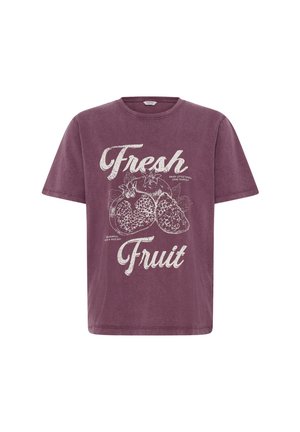 T-shirt violet à manches courtes avec texte blanc "Fresh Fruit" et illustration détaillée d'une grenade tranchée sur le devant.