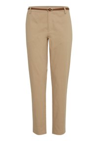 Pantalon en coton beige à coupe slim, avec une ceinture marron à boucle argentée, texture lisse et jambes droites.