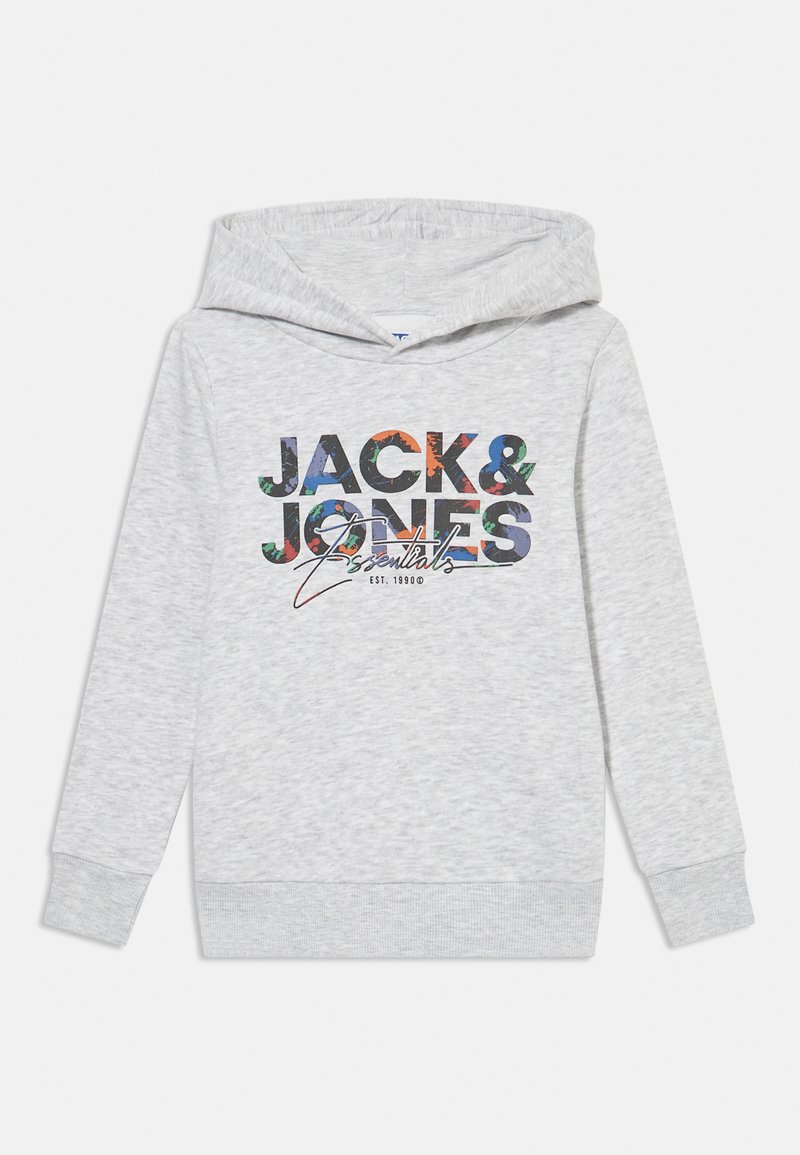 Sweatshirt cinza feito de uma mistura de algodão, apresentando um logotipo em texto colorido "JACK & JONES" com elementos florais e capuz ajustável.