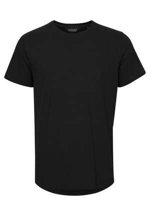 Sort kortærmet t-shirt, lavet af blødt stof med rund hals og en let forlænget bagkant, med minimale syninger.