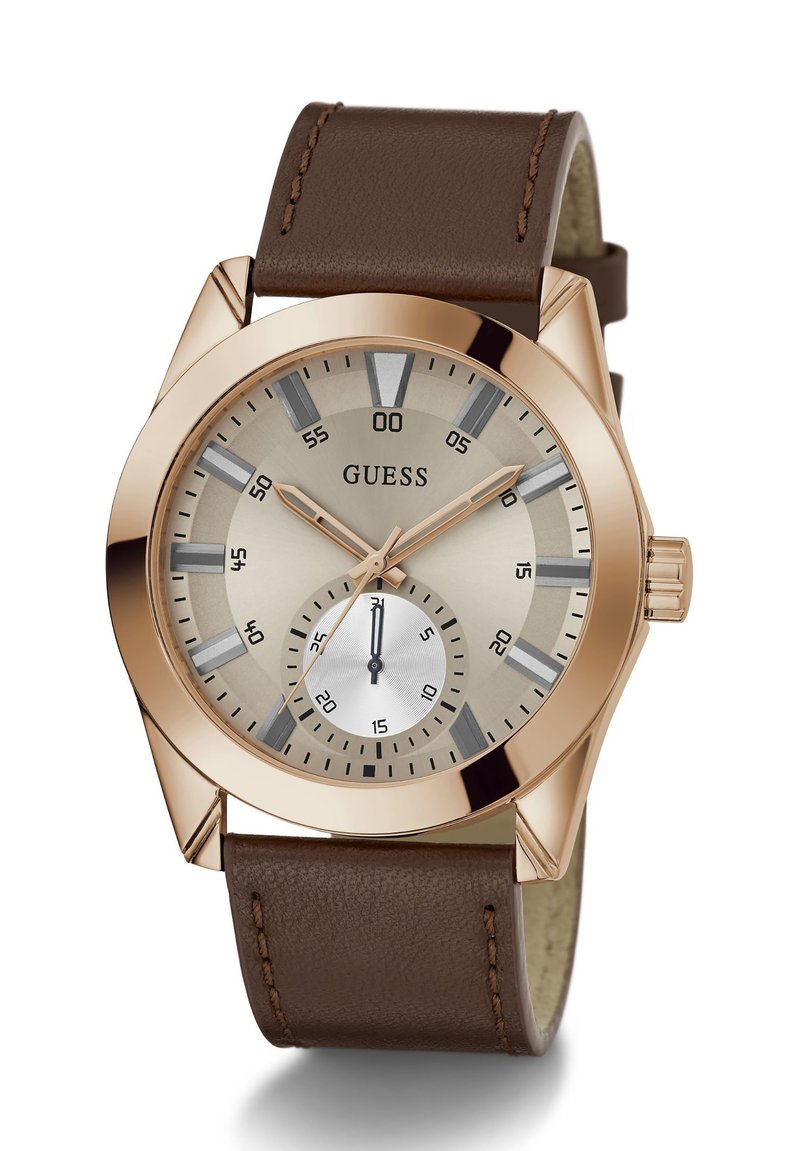 Brown leather strap watch with a rose gold stainless steel case, light gray dial, silver sub-dial, and marked hour markers.