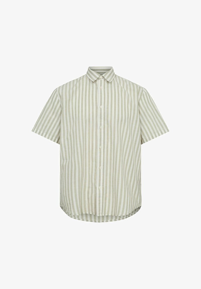 Cămașă cu mânecă scurtă, în dungi verzi deschise și albe, având guler cu nasturi, nasturi pe față și tiv curbat. Material din bumbac.