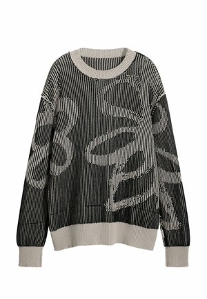 Knit sweater in black with textured ribbing, featuring a contrasting white floral pattern. Crew neck and wide sleeves with ribbed cuffs.