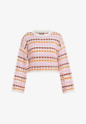 Adīta džemperis ar baltu pamatni, ar horizontālām svītrām rozā, oranžā, brūnā un krēmkrāsā. Īsa garuma un garām piedurknēm.