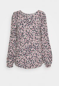 Blouse à manches longues avec fond marine, recouverte d'un dense motif floral blanc et rouge, avec un col rond et des poignets froncés.